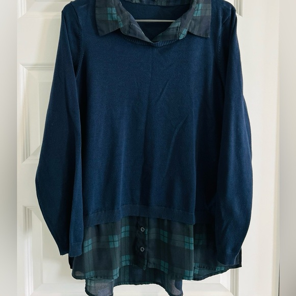 Adrianna Papell Navy Blue Sweater with Plaid Collar - Picture 1 of 1